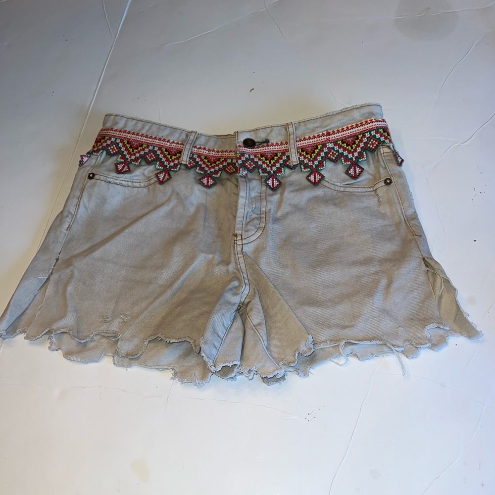We the Free Tan Denim Upcycled Distressed Button Fly Shorts size 26